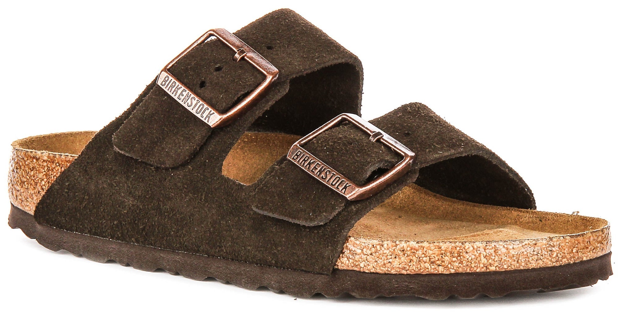 Sandalias Birkenstock Arizona | Piel de ante color moka, con plantilla blanda, para hombre y mujer, horma estrecha