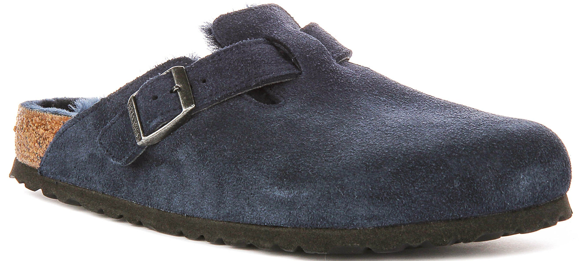 Birkenstock Boston-tofflor | Marinblå mocka med fårskinnsfoder för kvinnor – normal läst