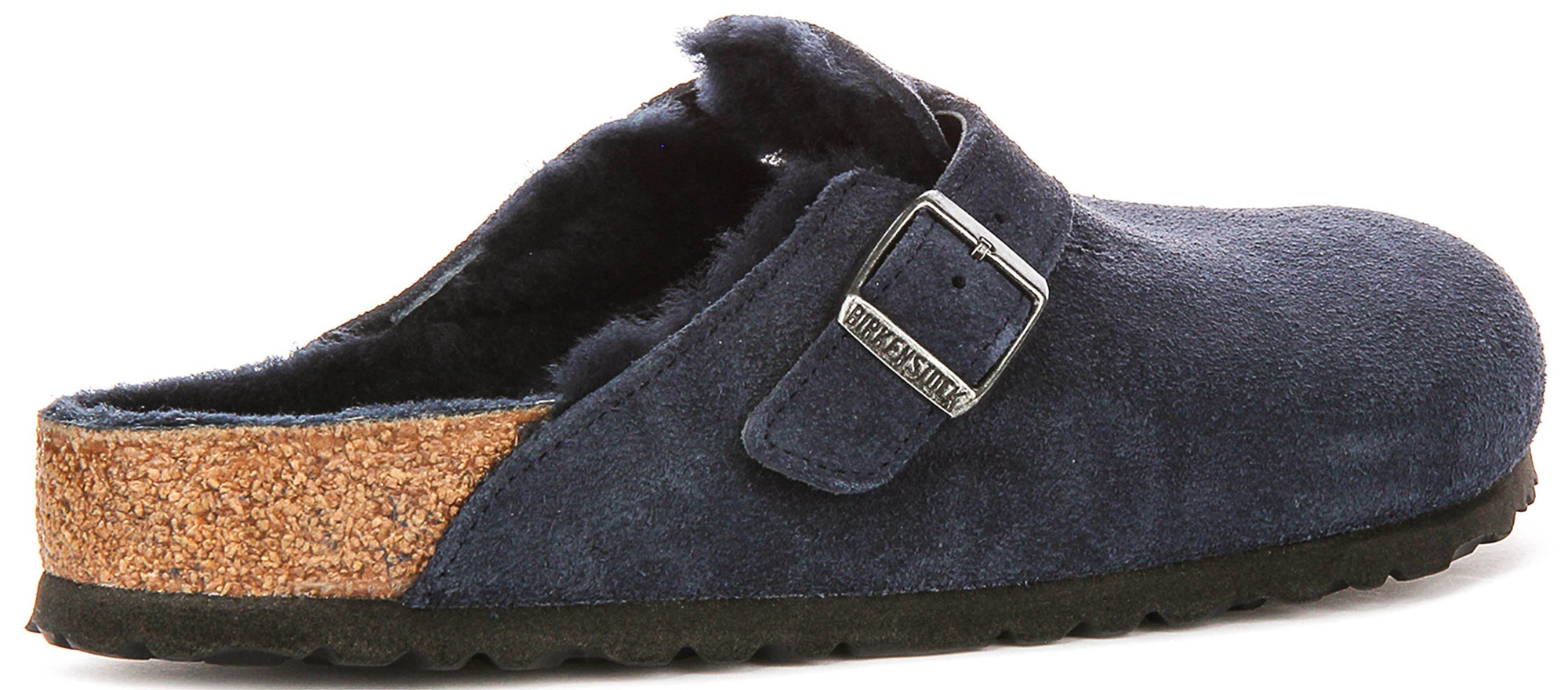 Birkenstock Boston-tofflor | Marinblå mocka med fårskinnsfoder för kvinnor – normal läst