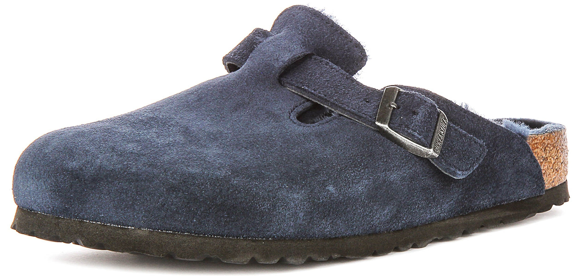 Birkenstock Boston-tofflor | Marinblå mocka med fårskinnsfoder för kvinnor – normal läst