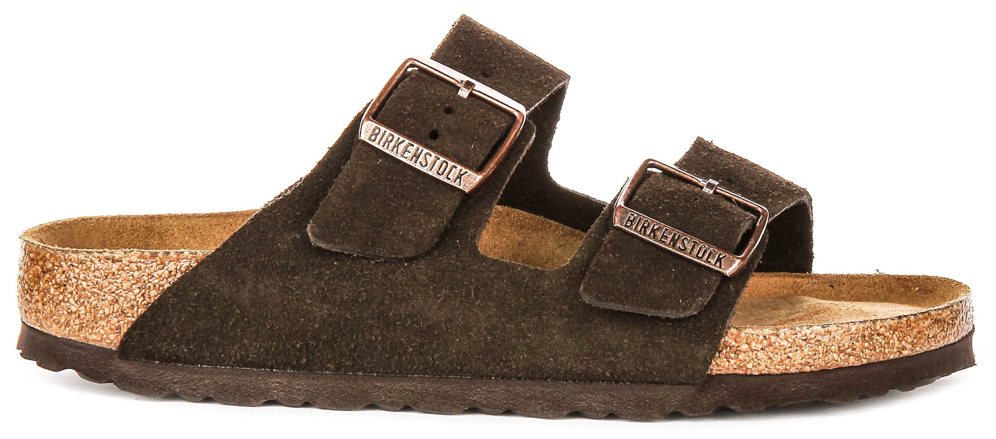 Sandalias Birkenstock Arizona | Piel de ante color moka, con plantilla blanda, para hombre y mujer, horma estrecha
