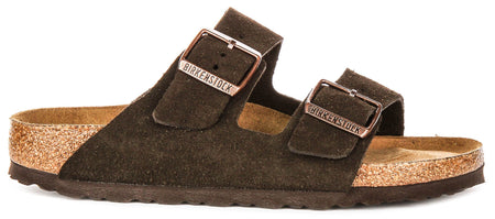 Sandalias Birkenstock Arizona | Piel de ante color moka, con plantilla blanda, para hombre y mujer, horma estrecha