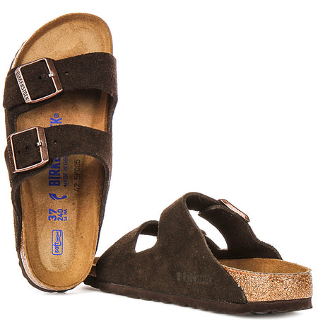 Sandalias Birkenstock Arizona | Piel de ante color moka, con plantilla blanda, para hombre y mujer, horma estrecha