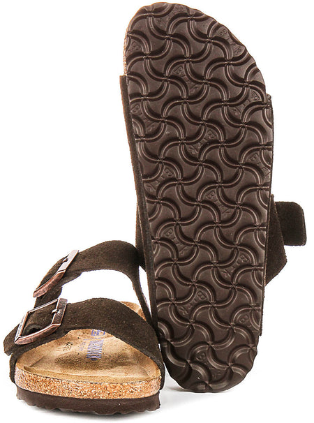 Sandalias Birkenstock Arizona | Piel de ante color moka, con plantilla blanda, para hombre y mujer, horma estrecha