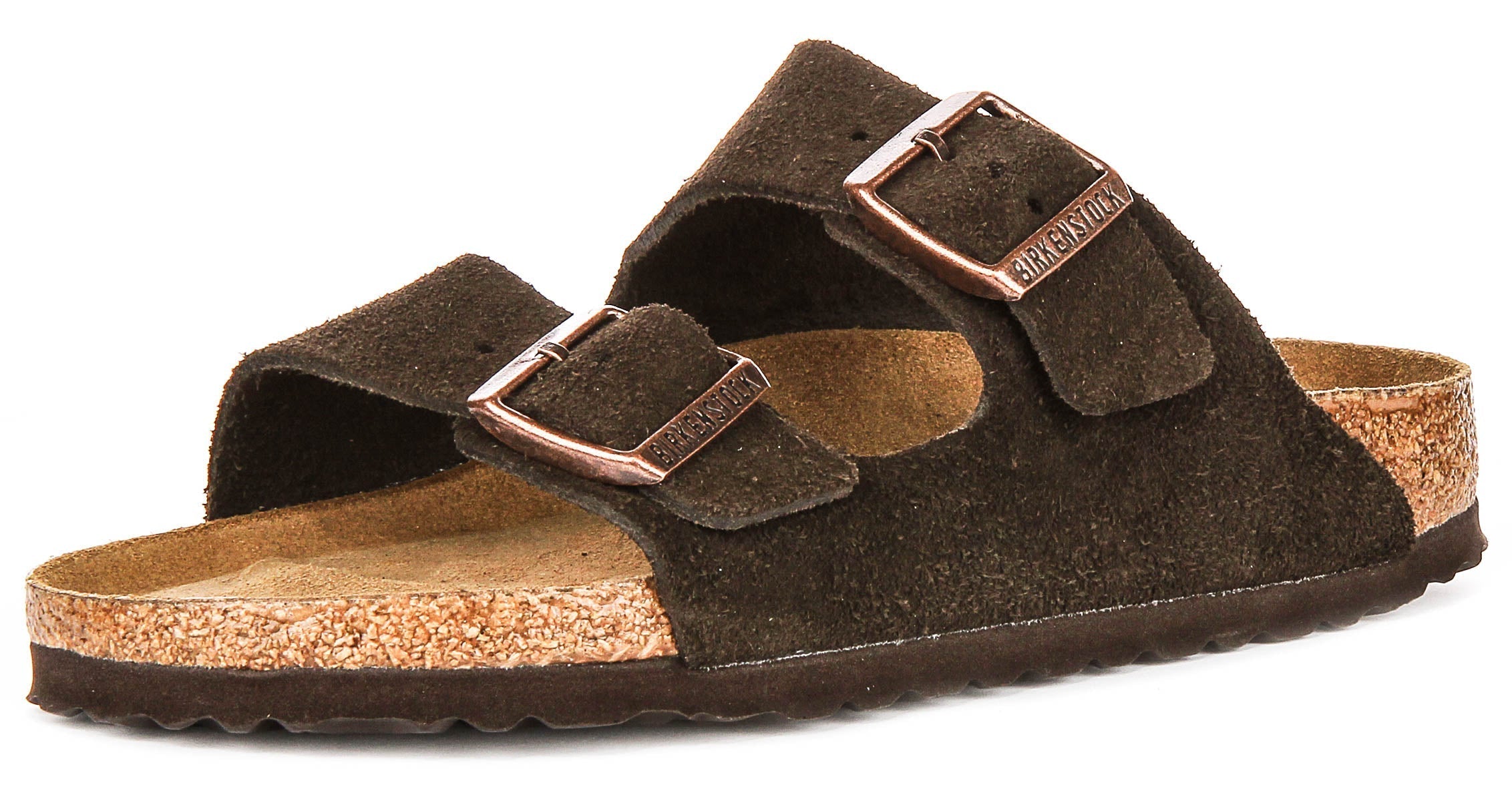 Sandalias Birkenstock Arizona | Piel de ante color moka, con plantilla blanda, para hombre y mujer, horma estrecha