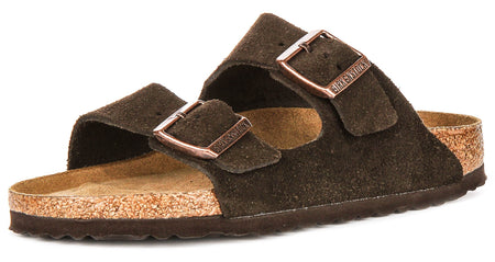 Sandalias Birkenstock Arizona | Piel de ante color moka, con plantilla blanda, para hombre y mujer, horma estrecha