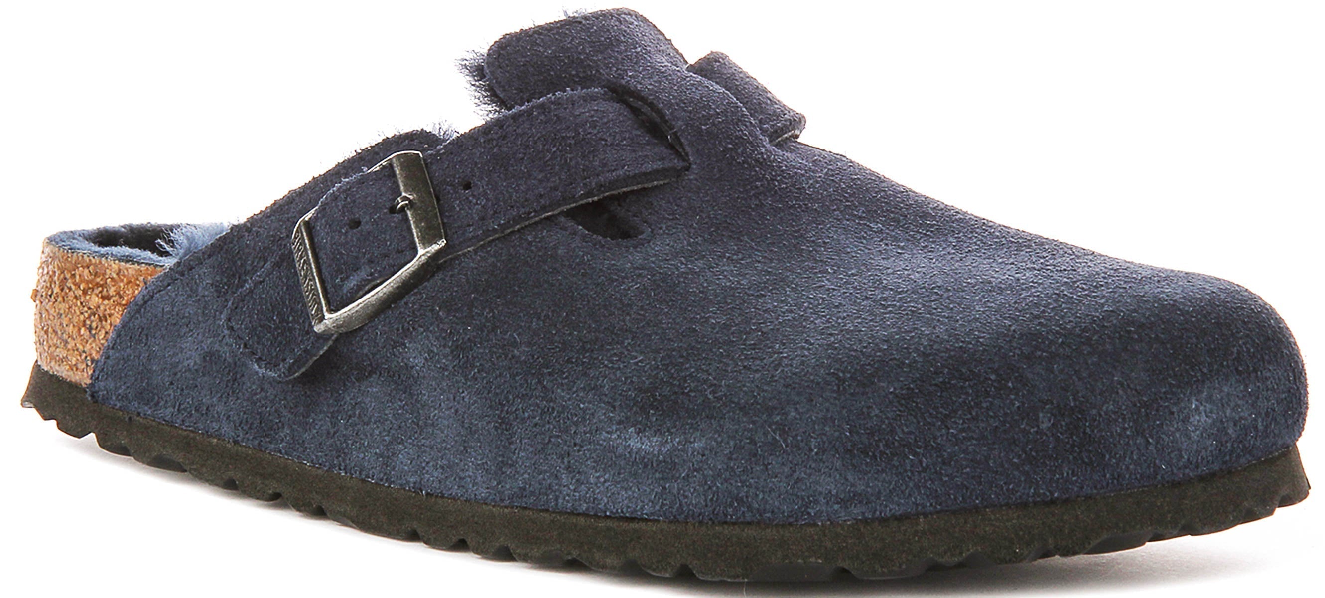 Birkenstock Boston-tofflor | Marinblå mocka med fårskinnsfoder för kvinnor – normal läst