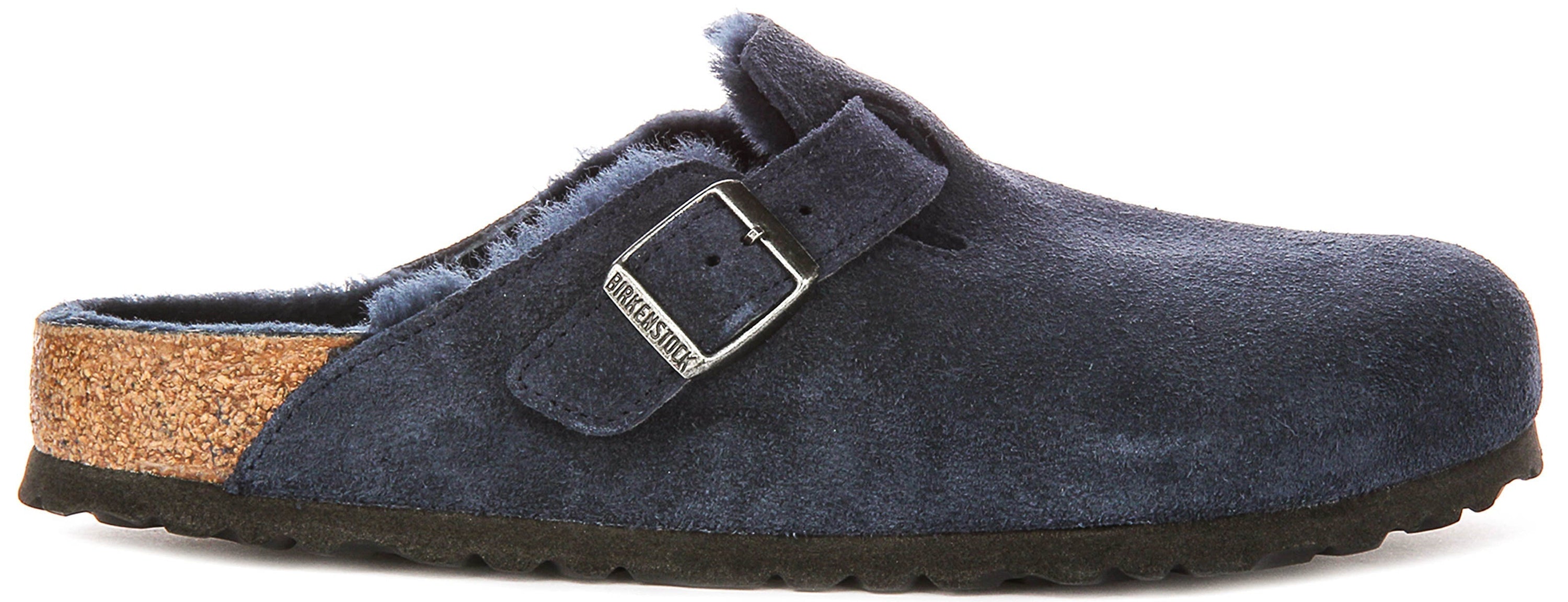 Birkenstock Boston-tofflor | Marinblå mocka med fårskinnsfoder för kvinnor – normal läst