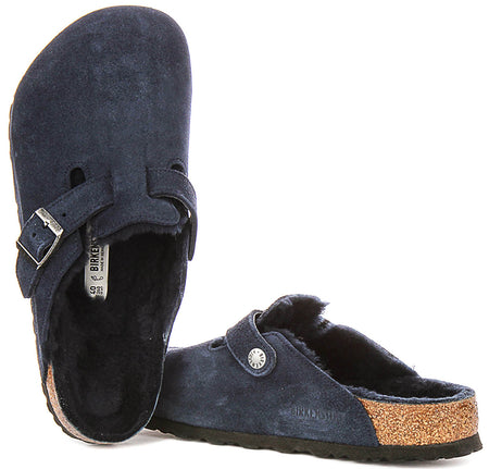 Birkenstock Boston-tofflor | Marinblå mocka med fårskinnsfoder för kvinnor – normal läst