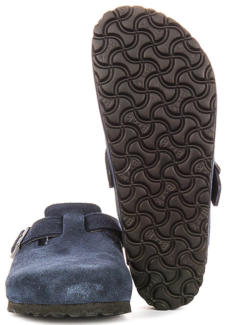 Birkenstock Boston-tofflor | Marinblå mocka med fårskinnsfoder för kvinnor – normal läst