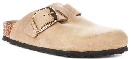 Zuecos Birkenstock Boston | Piel de nobuk color tabaco, con hebilla grande, para hombre y mujer, horma regular