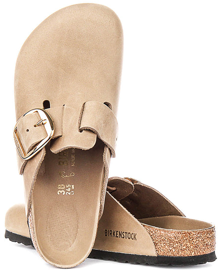 Zuecos Birkenstock Boston | Piel de nobuk color tabaco, con hebilla grande, para hombre y mujer, horma regular