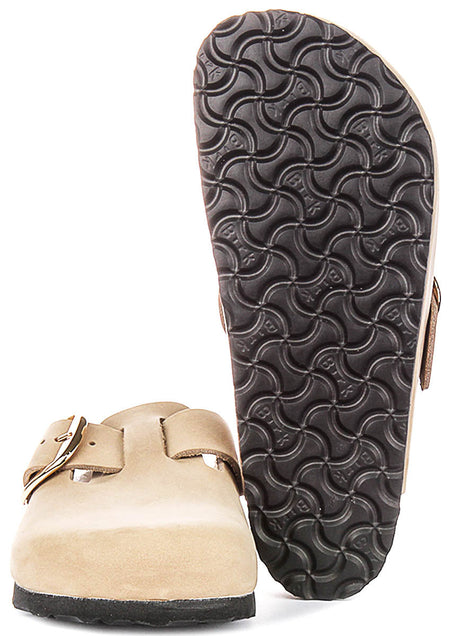 Zuecos Birkenstock Boston | Piel de nobuk color tabaco, con hebilla grande, para hombre y mujer, horma regular