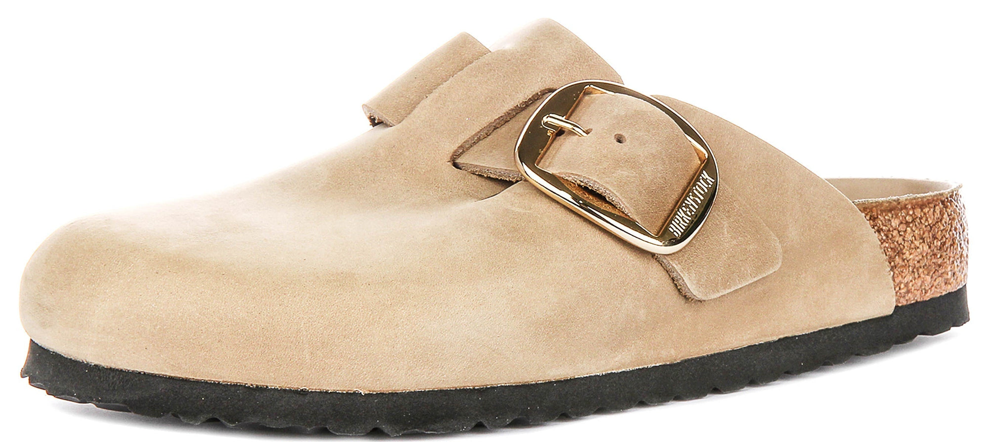 Zuecos Birkenstock Boston | Piel de nobuk color tabaco, con hebilla grande, para hombre y mujer, horma regular